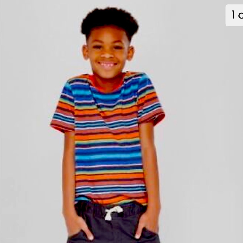 Cat & Jack Boys' Short Sleeve Striped T-Shirt Blue Orange Multi Stripe Large